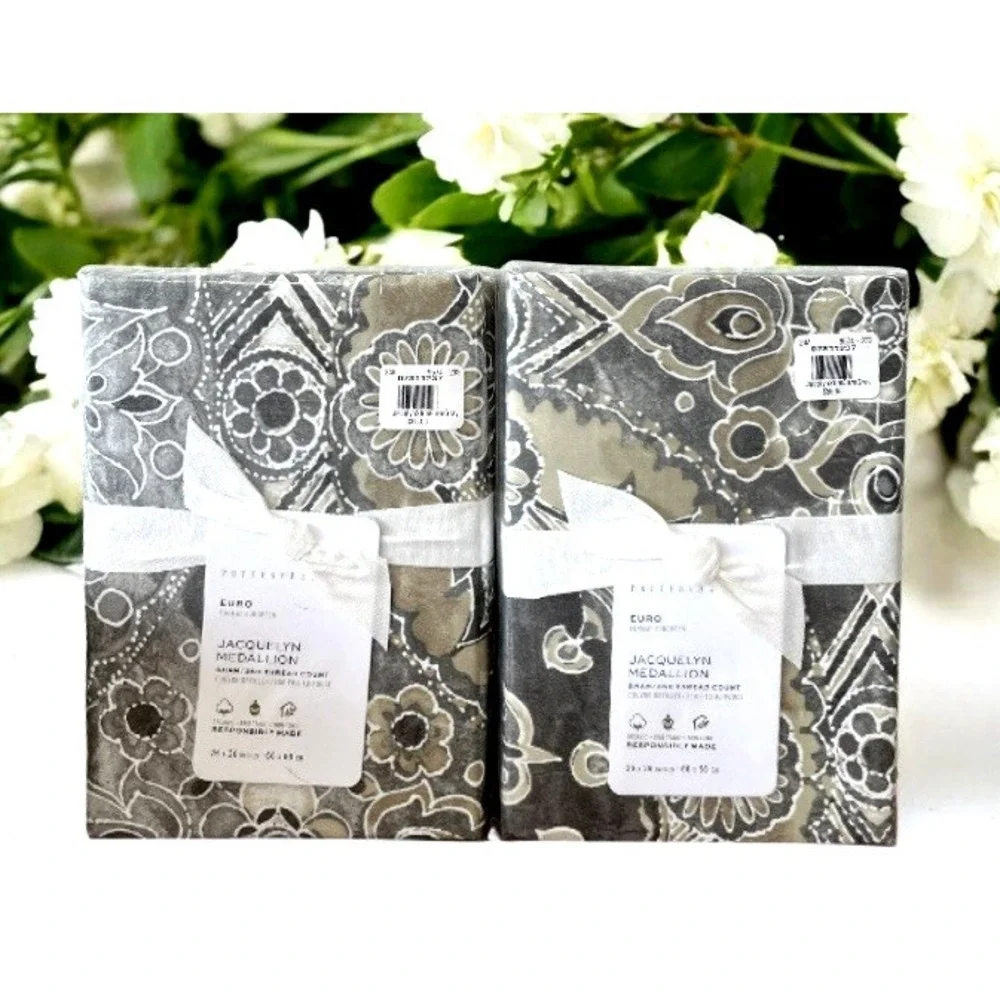 Pottery Barn JACQUELYN MEDALLION Organic EURO Sateen Sham Gray (2) NWT